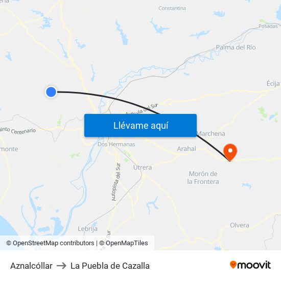 Aznalcóllar to La Puebla de Cazalla map