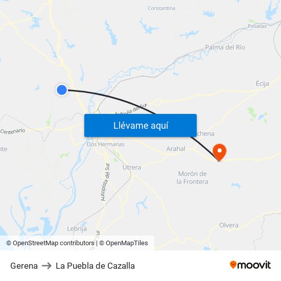 Gerena to La Puebla de Cazalla map