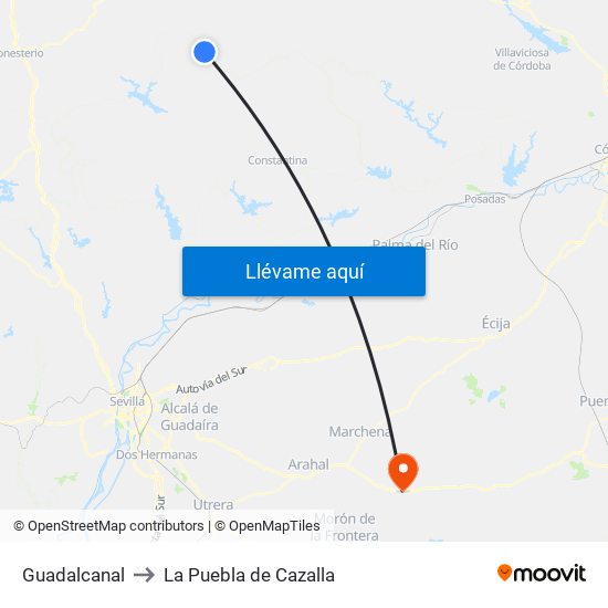 Guadalcanal to La Puebla de Cazalla map