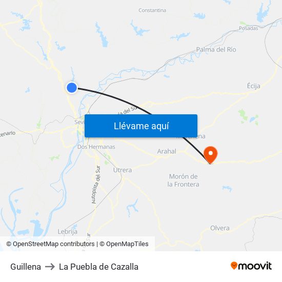 Guillena to La Puebla de Cazalla map