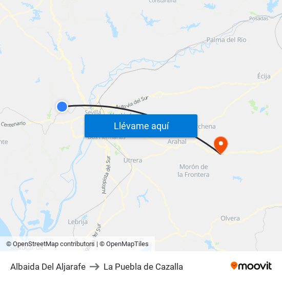 Albaida Del Aljarafe to La Puebla de Cazalla map