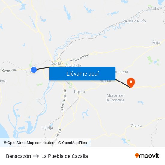 Benacazón to La Puebla de Cazalla map