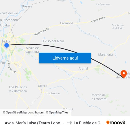 Avda. María Luisa (Teatro Lope de Vega) to La Puebla de Cazalla map