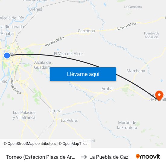 Torneo (Estacion Plaza de Armas) to La Puebla de Cazalla map