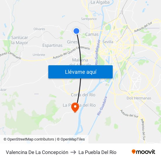 Valencina De La Concepción to La Puebla Del Río map