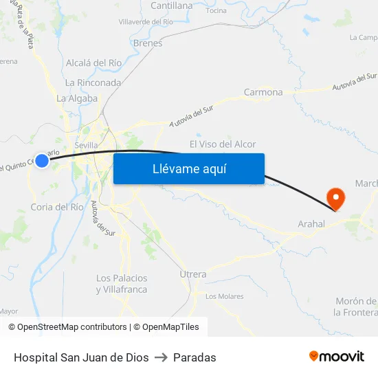 Hospital San Juan de Dios to Paradas map