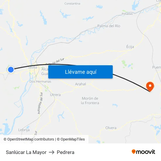Sanlúcar La Mayor to Pedrera map