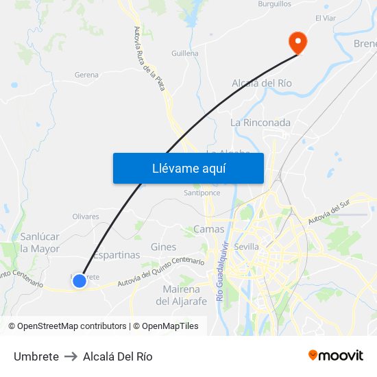 Umbrete to Alcalá Del Río map