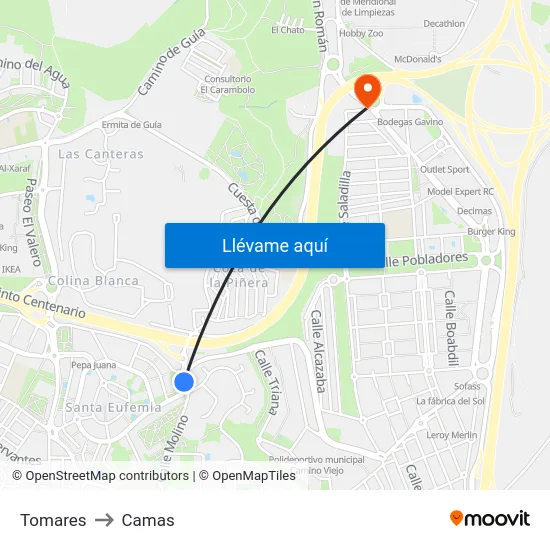 Tomares to Camas map