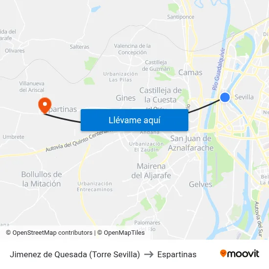 Jimenez de Quesada (Torre Sevilla) to Espartinas map