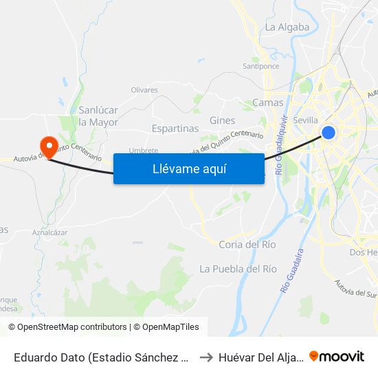 Eduardo Dato (Estadio Sánchez Pizjuán) to Huévar Del Aljarafe map