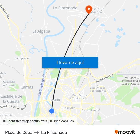 Plaza de Cuba to La Rinconada map