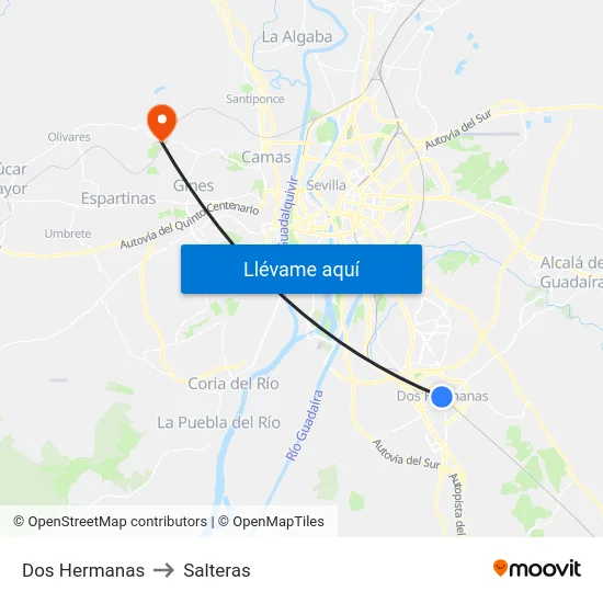 Dos Hermanas to Salteras map