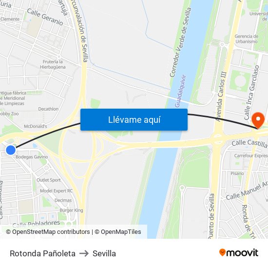 Rotonda Pañoleta to Sevilla map