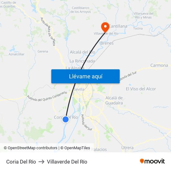 Coria Del Río to Villaverde Del Río map