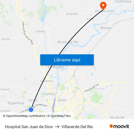 Hospital San Juan de Dios to Villaverde Del Río map