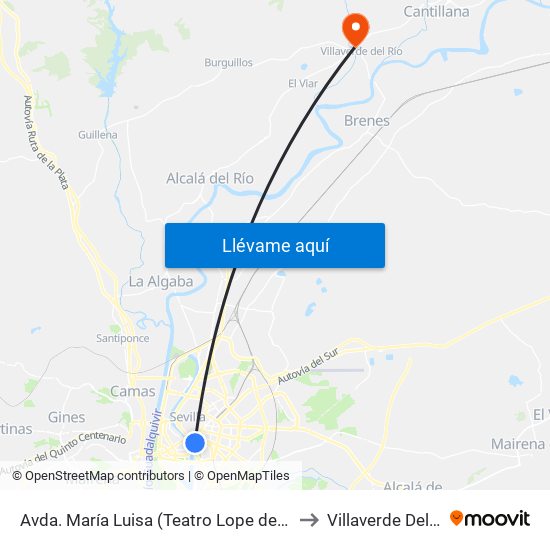 Avda. María Luisa (Teatro Lope de Vega) to Villaverde Del Río map