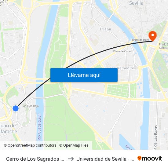 Cerro de Los Sagrados Corazones to Universidad de Sevilla - Rectorado map