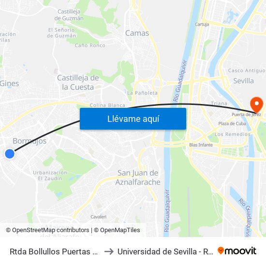 Rtda Bollullos Puertas Leyva (V) to Universidad de Sevilla - Rectorado map