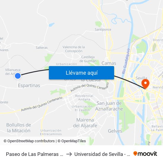 Paseo de Las Palmeras Gasolinera to Universidad de Sevilla - Rectorado map