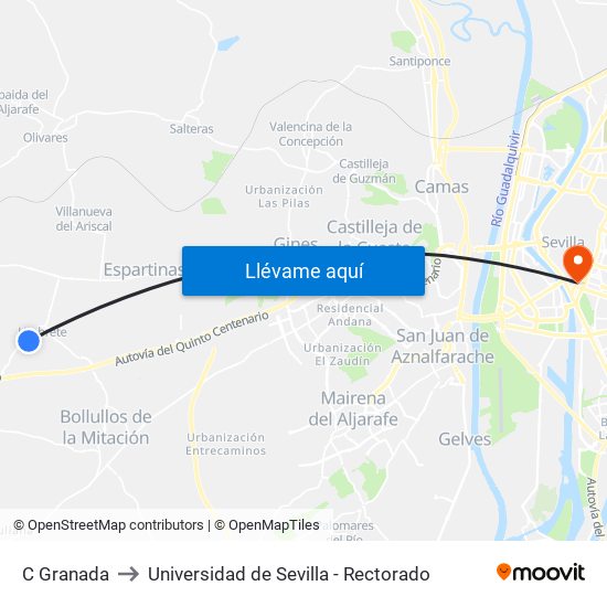 C Granada to Universidad de Sevilla - Rectorado map