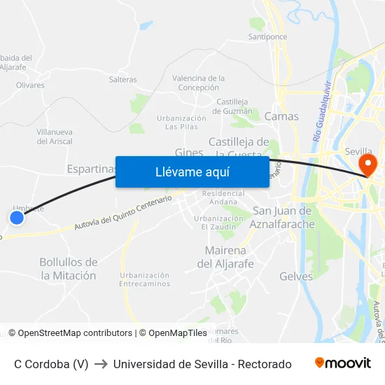 C Cordoba (V) to Universidad de Sevilla - Rectorado map