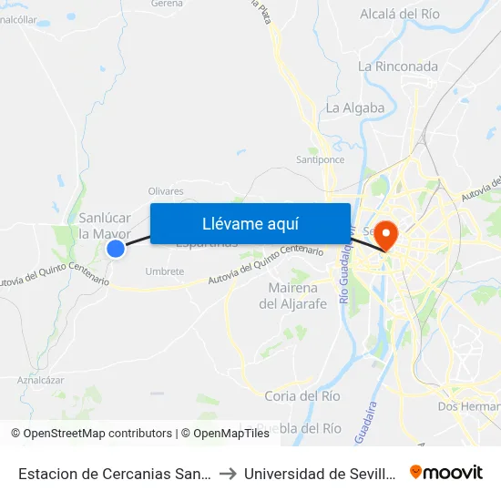 Estacion de Cercanias Sanlucar La Mayor to Universidad de Sevilla - Rectorado map