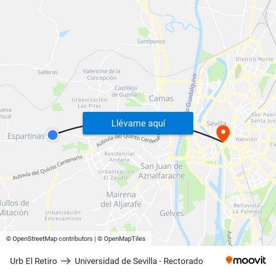 Urb El Retiro to Universidad de Sevilla - Rectorado map