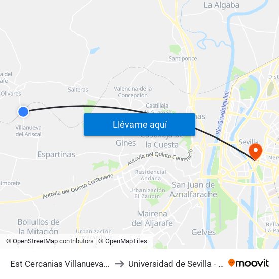Est Cercanias Villanueva Del Ariscal to Universidad de Sevilla - Rectorado map