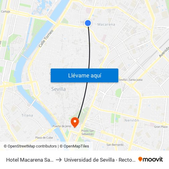 Hotel Macarena Salida to Universidad de Sevilla - Rectorado map