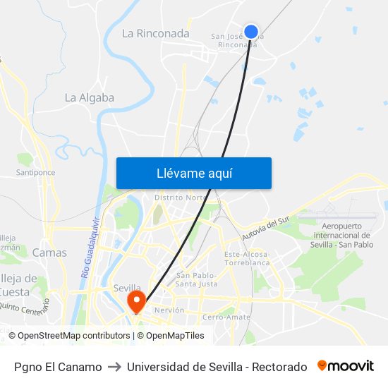 Pgno El Canamo to Universidad de Sevilla - Rectorado map
