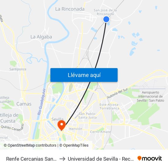 Renfe Cercanias San Jose to Universidad de Sevilla - Rectorado map