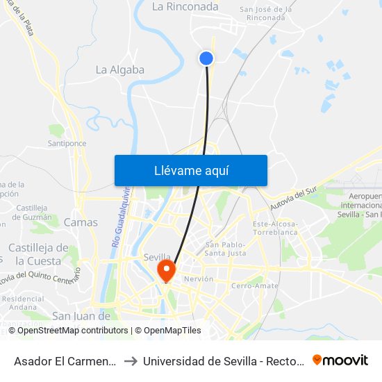 Asador El Carmen (V) to Universidad de Sevilla - Rectorado map