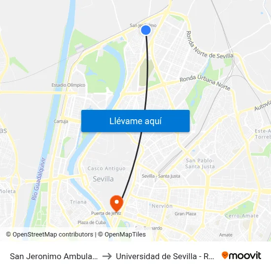 San Jeronimo Ambulatorio (I) to Universidad de Sevilla - Rectorado map