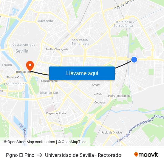 Pgno El Pino to Universidad de Sevilla - Rectorado map