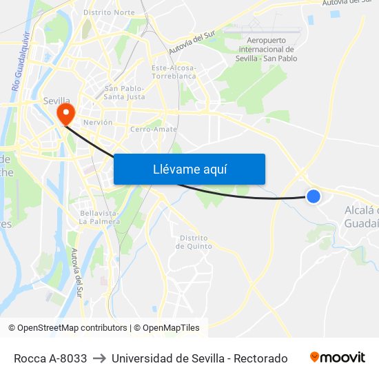 Rocca A-8033 to Universidad de Sevilla - Rectorado map