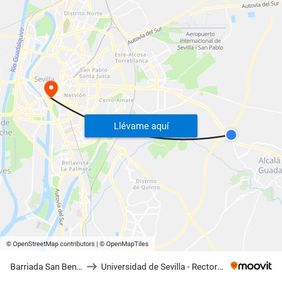 Barriada San Benito to Universidad de Sevilla - Rectorado map