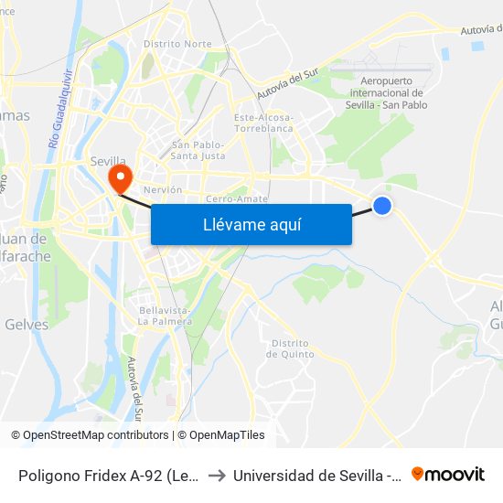 Poligono Fridex A-92 (Leroy Merlin)) to Universidad de Sevilla - Rectorado map
