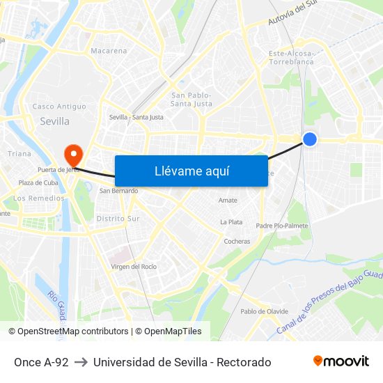 Once A-92 to Universidad de Sevilla - Rectorado map