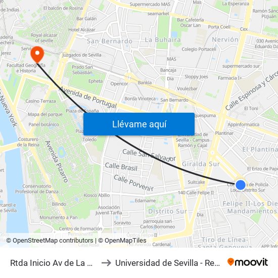 Rtda Inicio Av de La Paz (V) to Universidad de Sevilla - Rectorado map