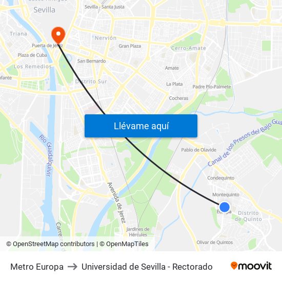 Metro Europa to Universidad de Sevilla - Rectorado map