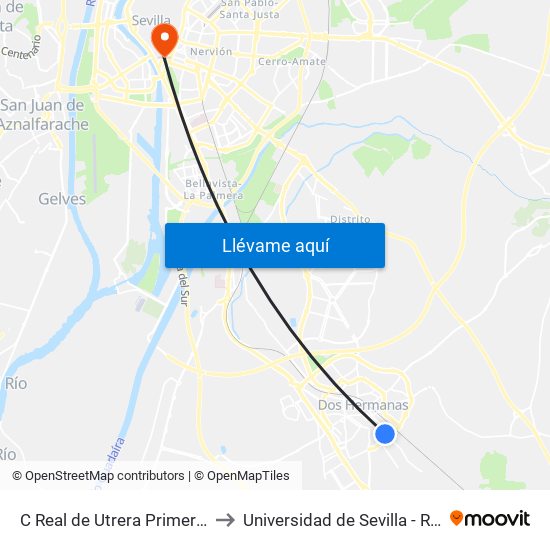 C Real de Utrera Primera Parada to Universidad de Sevilla - Rectorado map