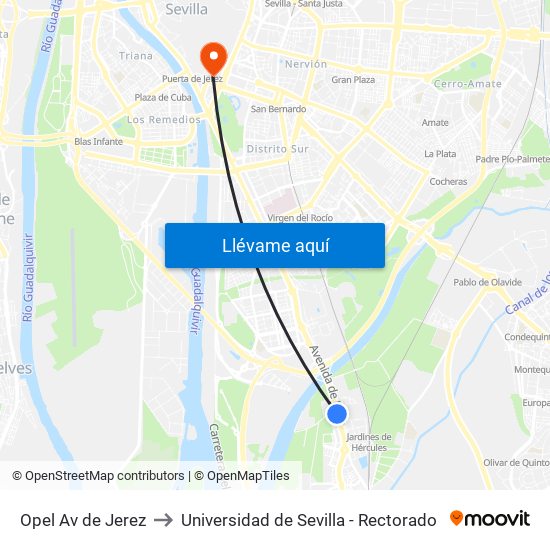 Opel Av de Jerez to Universidad de Sevilla - Rectorado map
