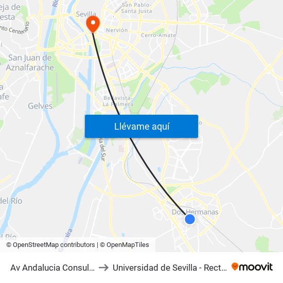 Av Andalucia Consultorio to Universidad de Sevilla - Rectorado map