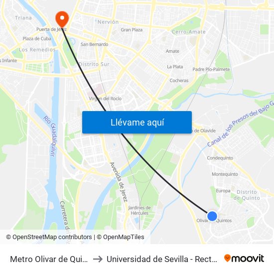 Metro Olivar de Quintos to Universidad de Sevilla - Rectorado map