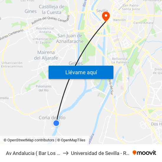 Av Andalucia ( Bar Los Albures) to Universidad de Sevilla - Rectorado map