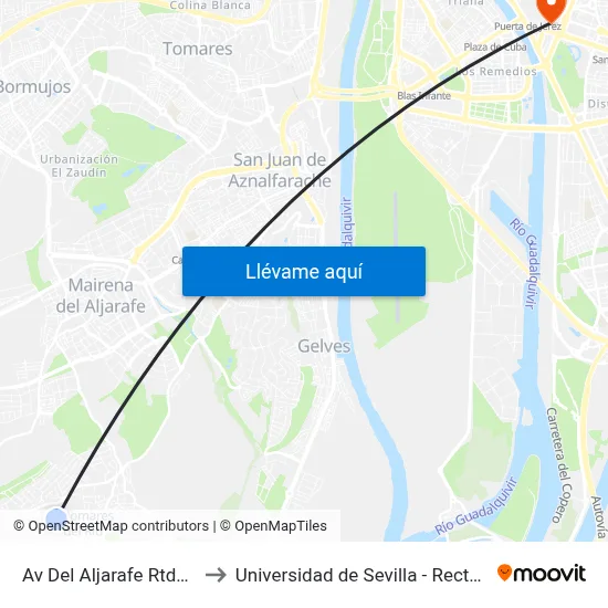 Av Del Aljarafe Rtda (V) to Universidad de Sevilla - Rectorado map