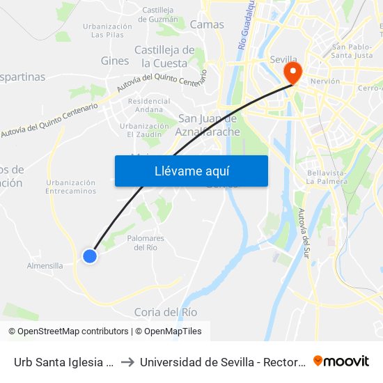 Urb Santa Iglesia (V) to Universidad de Sevilla - Rectorado map