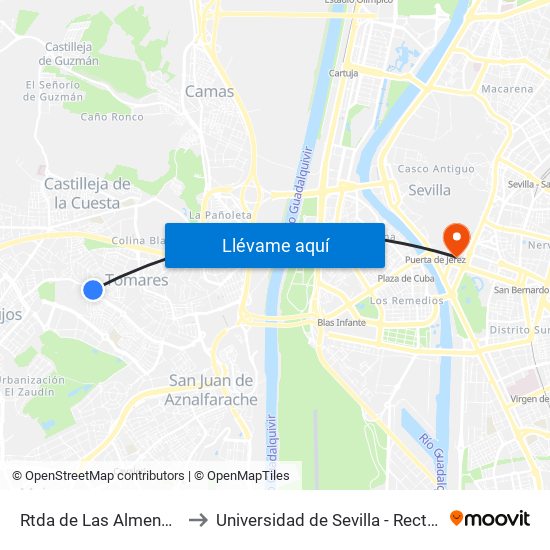 Rtda de Las Almenas(V) to Universidad de Sevilla - Rectorado map