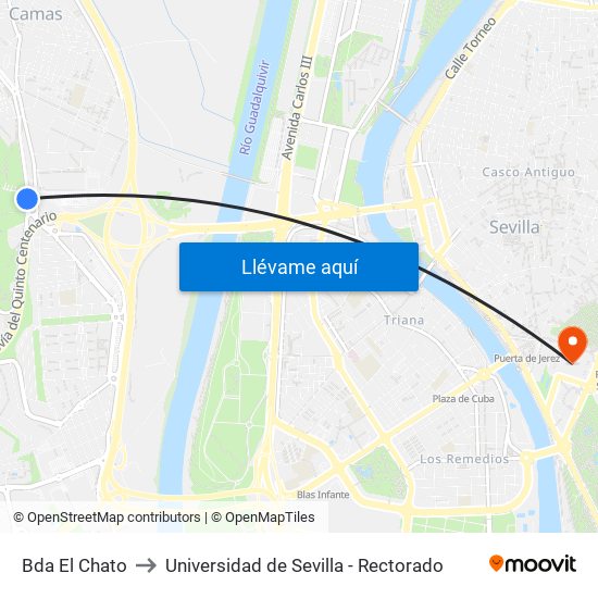 Bda El Chato to Universidad de Sevilla - Rectorado map